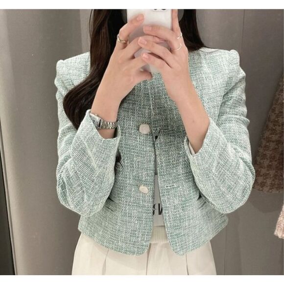 ZARA TEXTURED CROP BLAZER GREEN / ECRU XL NWT - Picture 10 of 10